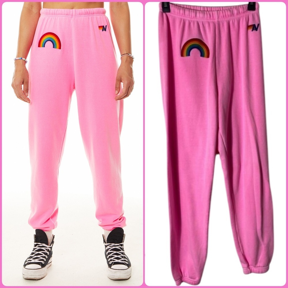 Aviator Nation/ SoulCycle Women's Neon Pink Rainbow Embroidery Sweatpants 🩷🌈🩷